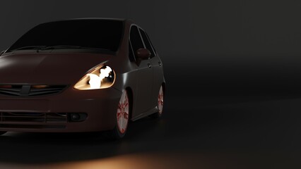 Obraz premium 3d image, 3d render of a red car with headlights on in the dark on a dark background. 