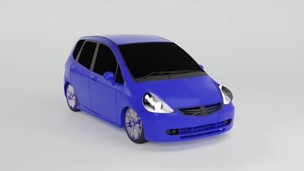 3d model, 3d render of a blue city car on a white background.