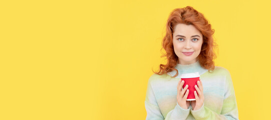 Woman isolated face portrait, banner with copy space. More coffee. take away beverage. cheerful girl drinking tea. woman hold plastic cup with cappuccino.