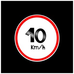 Maximum allowed speed sign 10 kilometers per hour. Banner with black background and red and white circle.
