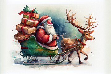 watercolor christmas illustration with, and, a reindeer pulling a cart with food, illustration with vertebrate elk
