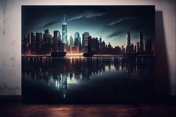 view of a big city, a city skyline at night, illustration with atmosphere water