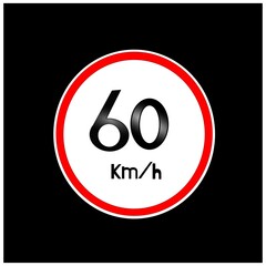 Maximum allowed speed sign 60 kilometers per hour. Banner with black background and red and white circle.
