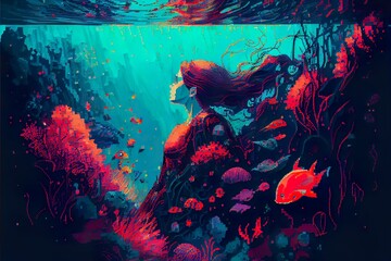 Obraz na płótnie Canvas underwater vibrant pixel illustration, a person in a red dress, illustration with water liquid