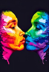 wo people with rainbow faces, a pair of colorful masks, illustration with jaw art