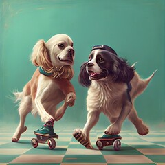 wo dogs roller skating and, two dogs on skateboards, illustration with dog wheel