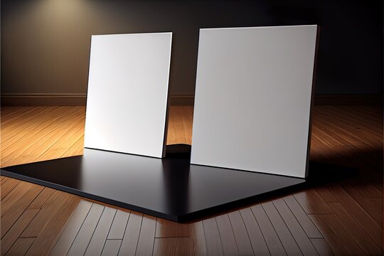 wo square blank picture canvases, a couple of white boxes on a wooden surface, illustration with rectangle wood