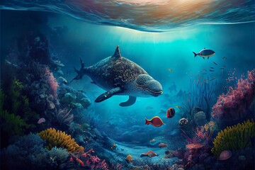 Fototapeta premium stunning landscape and underwater se, a school of fish swimming in the ocean, illustration with water natural