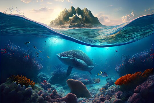stunning landscape and underwater se, a school of fish swimming in the ocean, illustration with water nature