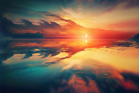spectacular abstract image of, a sunset over a body of water, illustration with cloud sky