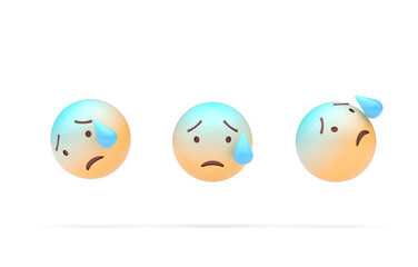 Set Anxiouse Face with Sweat Emoji. 3D Illustration