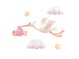 Stork Carrying Baby. 3D Illustration