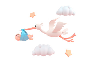 Stork Carrying Baby. 3D Illustration