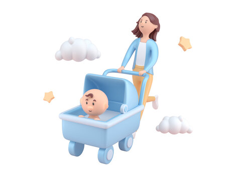 Mom Walking Her Baby in a Stroller. 3D Illustration