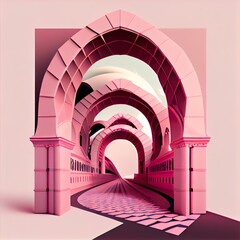 pink arches with a polygon, a pink spiral staircase, illustration with rectangle pink