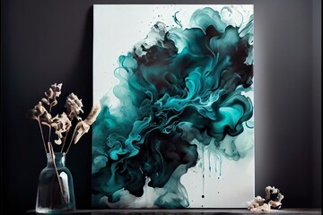 original abstract fluid art painting, a vase with flowers, illustration with paint aqua