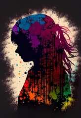 multicolored head silhouette, grunge textur, map, illustration with organism font