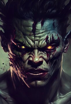showing war paint on fac, a person with a scary face, illustration with hulk jaw