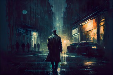 man walking alone in dark, a man walking in the rain, illustration with light flash