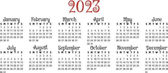 2023 year 12 month calendar vector eps