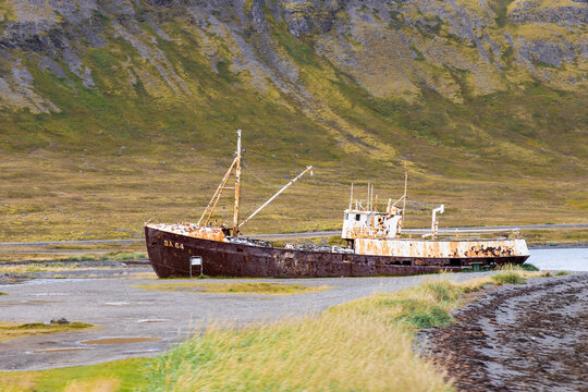 Gardar MA 64, the oldest whaling ship in Iceland is beached at Patreksfjordur rusting and is one of the most popular tourist attraction in Iceland