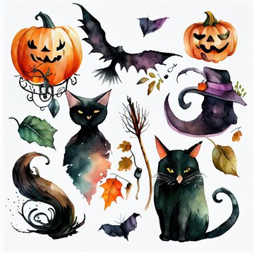 lloween illustration set. hand drawn, a group of pumpkins and a pitcher with flowers, illustration with cat facial