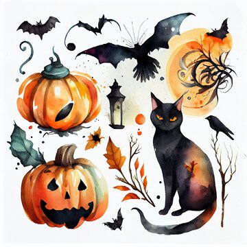 lloween illustration set. hand drawn, a cat and pumpkins, illustration with cat pumpkin