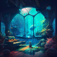 futuristic space underwater living room, calendar, illustration with organism lighting
