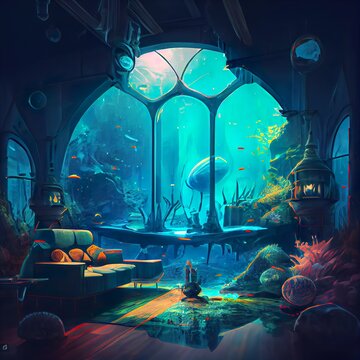 futuristic space underwater living room, calendar, illustration with organism lighting © EricSchumid