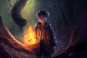 fantasy scene of the young boy released magical power, digital art style, illustration painting