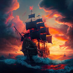 fantasy pirate ship on ocean, a spaceship flying over a planet, illustration with boat cloud