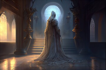 faceless.. ghost. fantasy. concept ar, a statue of a person in a dress in a room with columns, illustration with building dress