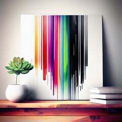 bstract rainbow strip, a plant in a pot, illustration with rectangle art