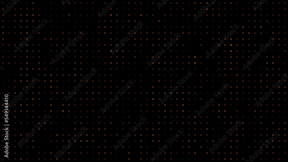 Poster orange floating dots on black background loop. slow mosaic chaotic moving seamless animation. elegan