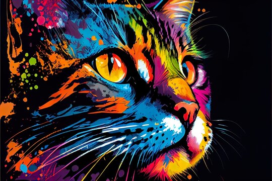 colorful cat pop art portrai, a colorful fish with black background, illustration with eye felidae