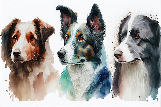 border from watercolor portraits of, a group of dogs, illustration with dog carnivore