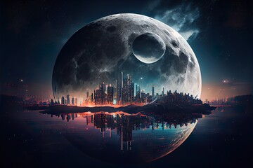 i - generated digital futuristic, a large moon over a city, illustration with water atmosphere