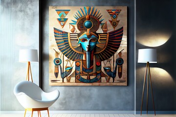 bstract inspiration of ancient egyptian, art on a wall, illustration with interior design
