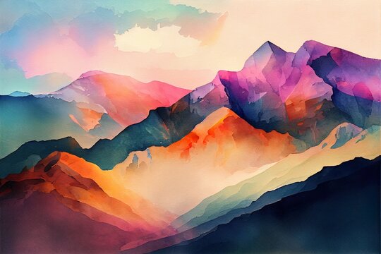 bstract mountain ranges in morning, a mountain with a rainbow, illustration with atmosphere mountain