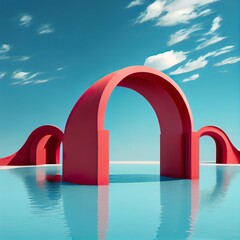 Obraz na płótnie Canvas 3d render. abstract panoramic background, a red bridge over water, illustration with water cloud