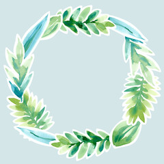 Round wreath of tropical leaves in the form of stickers. Watercolor wreath of twigs, leaves. Hand-drawn floral botanical wreath for invitation, design