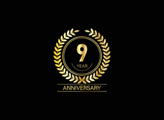 9 years anniversary logo. Vector and illustration. gold anniversary logo.