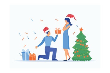 Man gives a woman a gift for Christmas, flat vector modern illustration