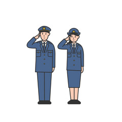 敬礼する警察官男女全身イラスト2
