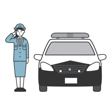 パトカーの横で敬礼する警察官の全身イラスト