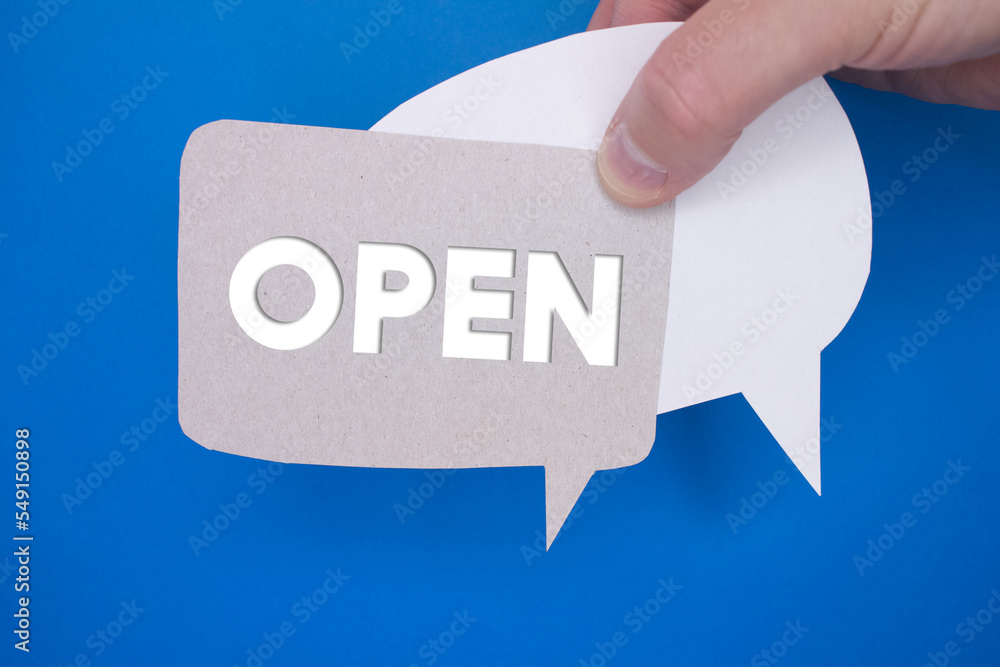 Poster speech bubble in front of colored background with open text.