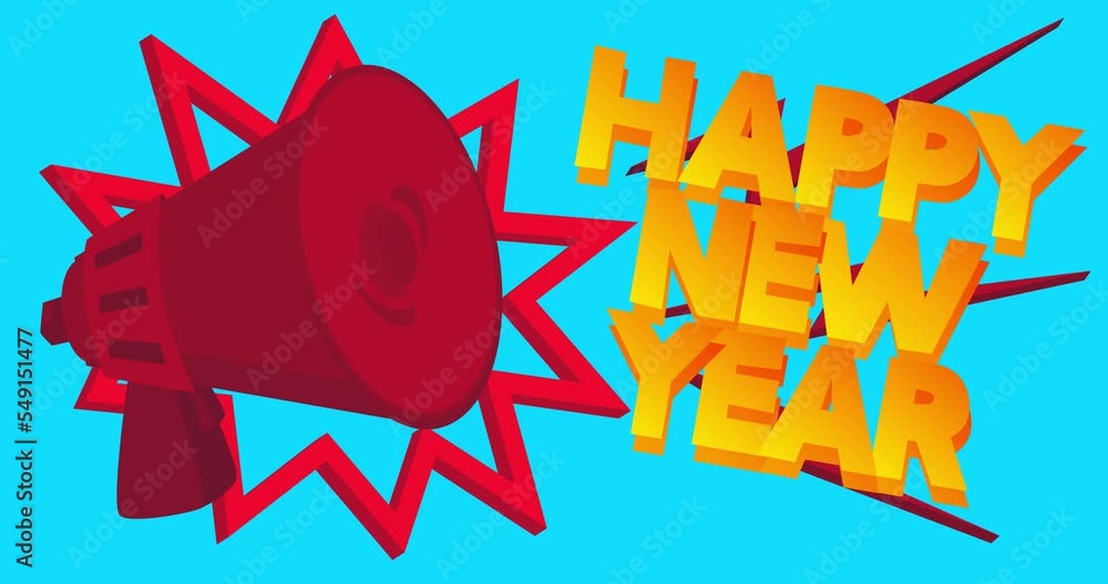 Poster dancing red megaphone with happy new year text on blue background. 4k resolution animation with funn