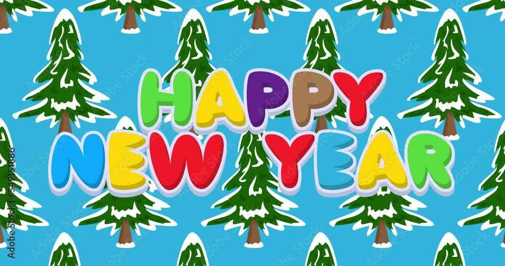 Poster dancing winter pine tree pattern with happy new year text. cartoon animation background video.