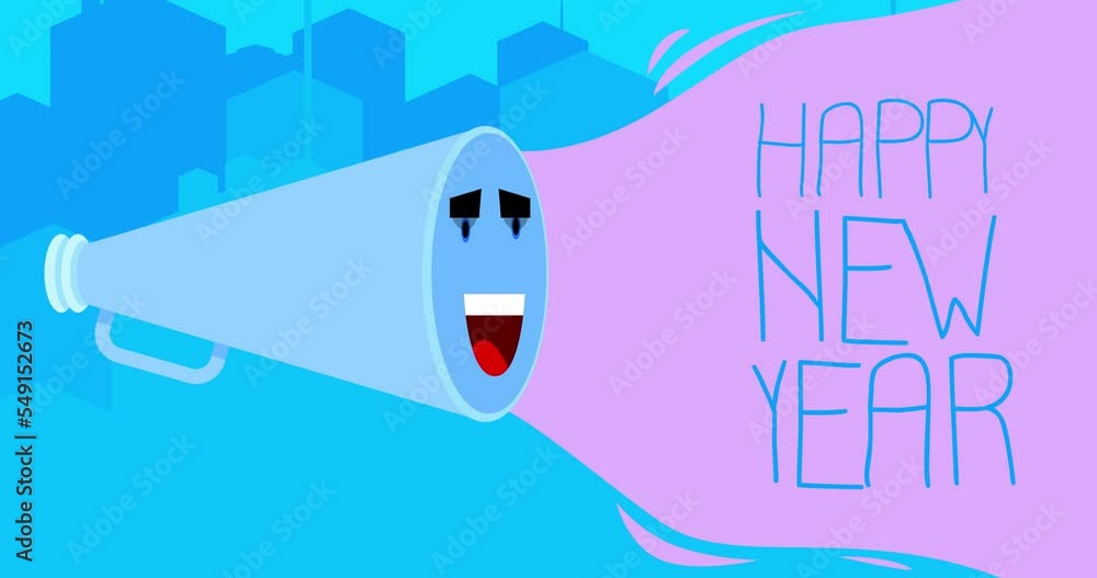 Poster smiling blue megaphone with happy new year text in the city. 4k resolution animation with funny elem