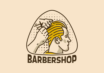 Vintage art illustration of a man getting his hair cut